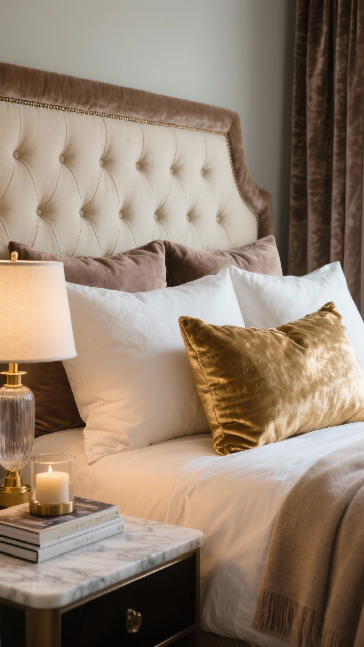 Closeup detail shot, luxe bedroom pillowscape: tufted beige headboard framed tightly; layered cream velvet euro pillows behind taupe linen standards, a mocha chenille lumbar in front, and a subtle metallic-gold accent pillow for glow; edge of marble-topped nightstand with warm brass lamp, smoky glass candle, and stacked design books slightly in frame; a hint of velvet drapes and cashmere throw at the bed foot blurred in background; palette of cream, taupe, mocha, soft gold; textures of velvet, linen, chenille, cashmere; soft, hotel-like evening lighting, photorealistic.
