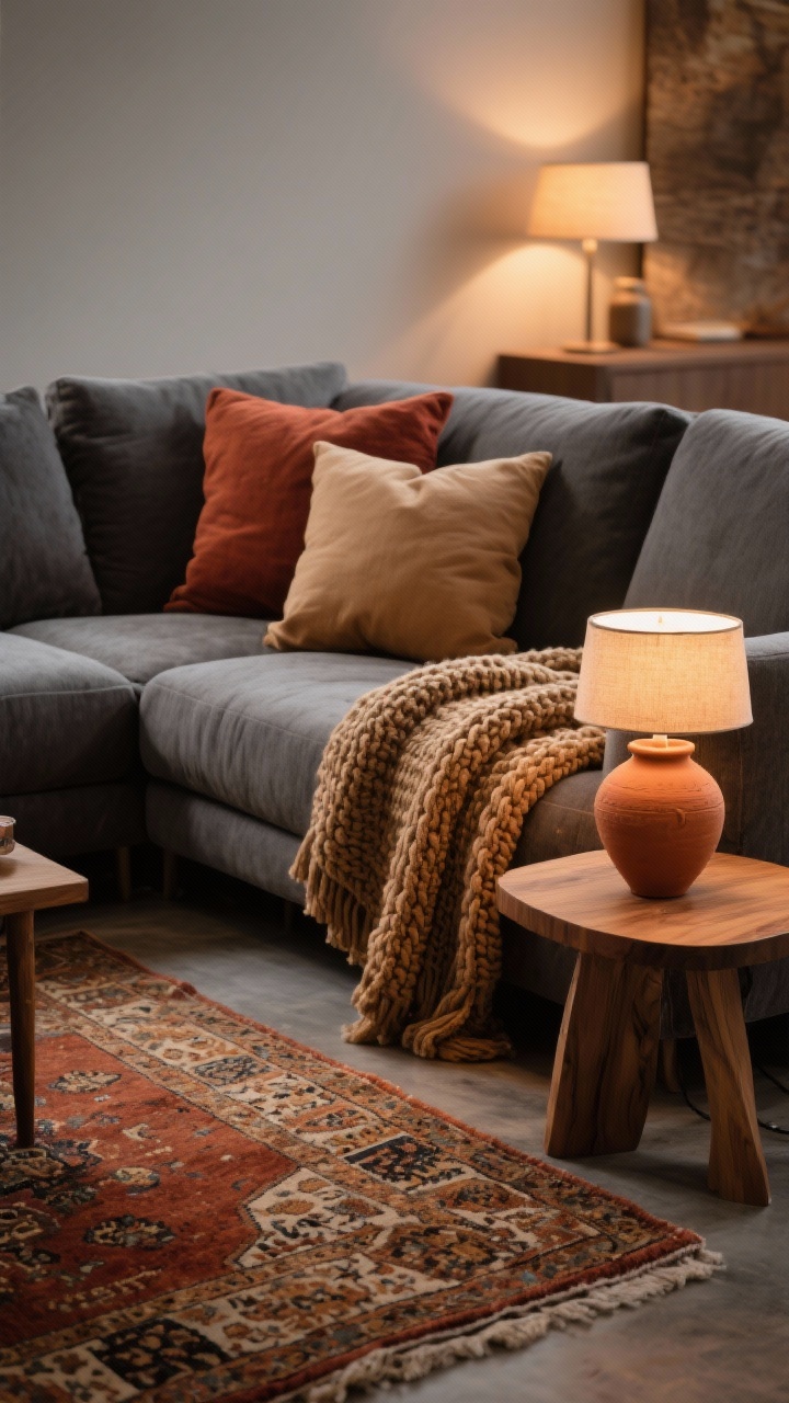 Closeup/detail shot, photorealistic: Earth-toned cozy contemporary textures on a deep grey sectional with oversized cushions; camel and rust accent pillows, a chunky knit throw draped over the arm; warm-toned Persian/vintage-look rug pattern in foreground; oak side table with terracotta pottery and a soft-glow table lamp hinting at layered lighting; palette of grey, camel, rust, terracotta, and oak; intimate, warm mood with dimmable ambient light, shallow depth of field.