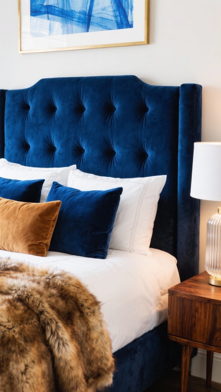 Closeup detail, Velvet Indigo Bedroom Retreat: A tufted indigo velvet headboard behind crisp white percale bedding. Layered pillows in ink blue, camel, and cinnamon show varied textures, with a plush faux-fur throw draped at the foot. The edge of a walnut nightstand with a ribbed glass lamp is visible, and above, thin-brass-framed abstract blue prints peek into frame. Palette of indigo, white, camel, cinnamon, walnut; soft, warm bedside lighting; photorealistic texture emphasis.