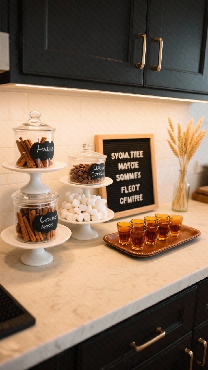 Coffee bar closeup, overhead shot: apothecary-inspired vignette on a small counter. Stacked cake stands and labeled clear canisters filled with cinnamon sticks, cocoa, and marshmallows, each with black chalkboard stickers. A mini letter board with a seasonal phrase, a row of amber shot glasses for syrup tasting, a faux leather tray, and a tiny vase of wheat. Colors: espresso, cream, amber, black. Warm under-cabinet lighting, photorealistic.