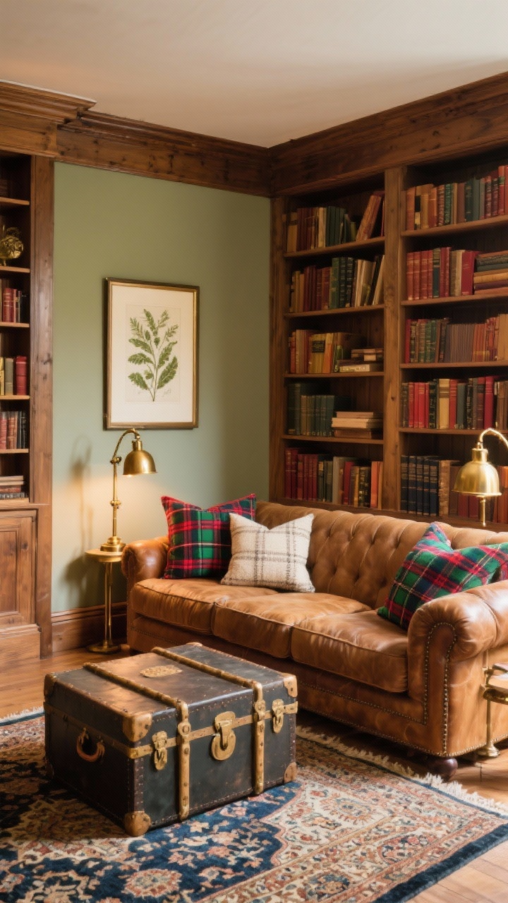 Corner angle, heritage plaid cottage library vibe: roll-arm sofa in camel with tartan pillows in red, hunter green, navy, and cream, wall of built-in bookcases, vintage trunk coffee table, Persian-style rug layered beneath, brass swing-arm lamps flanking framed botanical prints, materials wool, brass, leather, oak, finishes antiqued brass, rubbed leather, stained wood, warm lamplight, photorealistic.