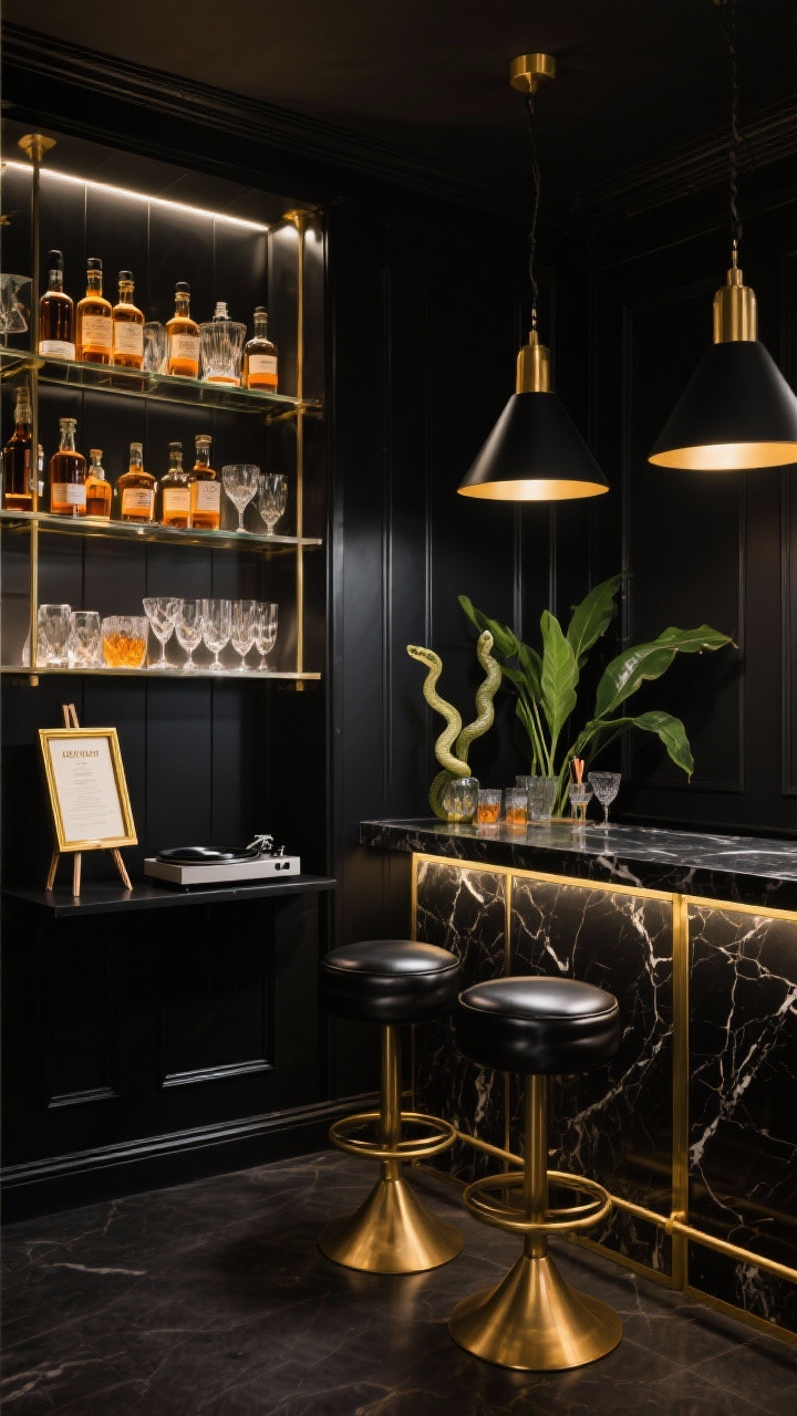 Corner angle medium shot: Moody cocktail speakeasy with black paneled walls and a gold-front bar cabinet topped in black marble; backlit smoked-glass shelves stocked with amber bottles and faceted glassware; two black leather stools with gold footrests; cone-shaped black pendants with brass interiors casting dramatic pools of light; a slim black console holds a record player; potted snake plants flank the bar; onyx, brass, and amber palette with leather, marble, and smoked glass textures; include a small easel with a gold-framed cocktail menu.