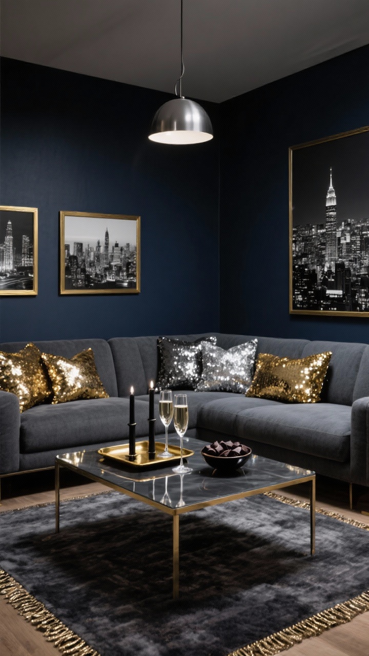 Corner wide shot: Midnight City Skyline living room with deep navy walls featuring black-and-white city photography in gold frames; a slate sectional piled with mixed gold and silver metallic sequin pillows; a charcoal rug edged with thin metallic thread; a smoky mirror coffee table centered with a gold tray holding silver champagne flutes, black taper candles, and a small bowl of dark chocolates; overhead a simple brushed steel pendant; urban nighttime ambiance with moody highlights; palette of navy, charcoal, black, gold, silver.