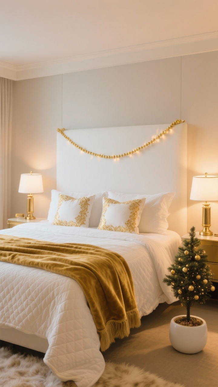 Cozy bedroom medium shot, warm evening lighting: bed dressed in crisp white sheets, a cream quilt, and a folded gold velvet throw at the foot; white faux-fur Euro pillows and gold-embroidered pillowcases adding shimmer; brass bedside lamps with white shades creating layered light; a mini tabletop tree in a white pot adorned with tiny gold micro-ornaments; a subtle gold bead garland draped across the headboard; palette of bright white, honey gold, and warm brass; serene, hotel-suite ambiance; photorealistic, no people.