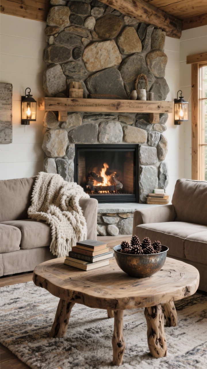 Cozy medium shot facing fireplace, “Rustic Riverstone Retreat”: stone veneer fireplace focal point, taupe slipcovered sofa, rounded-edge knotty pine coffee table; chunky wool throw, nubby rug; lantern-style sconces providing warm ambient light; weathered books stack and hammered metal bowl filled with pinecones on table; riverstone gray, taupe, pine, cream tones.
