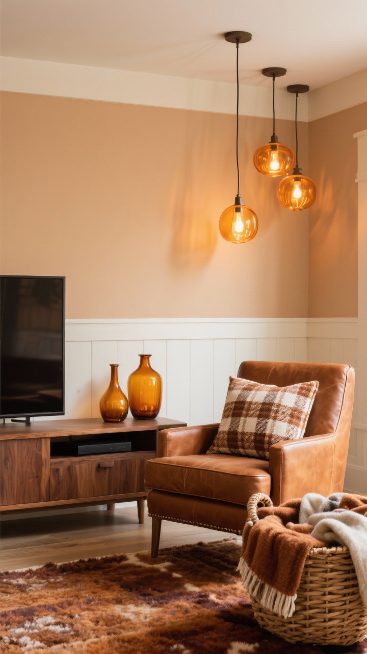 Cozy medium shot, “Harvest Spice Haven”: walls painted soft butternut squash/muted spice, walnut media console, caramel leather chair; plaid or herringbone pillows, amber glass vases, rich wool rug; woven basket filled with throws; amber-toned glass pendants/sconces casting warm amber light; palette butternut, caramel, walnut, cream.