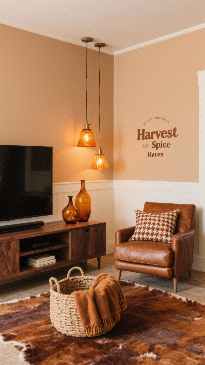 Cozy medium shot, “Harvest Spice Haven”: walls painted soft butternut squash/muted spice, walnut media console, caramel leather chair; plaid or herringbone pillows, amber glass vases, rich wool rug; woven basket filled with throws; amber-toned glass pendants/sconces casting warm amber light; palette butternut, caramel, walnut, cream.