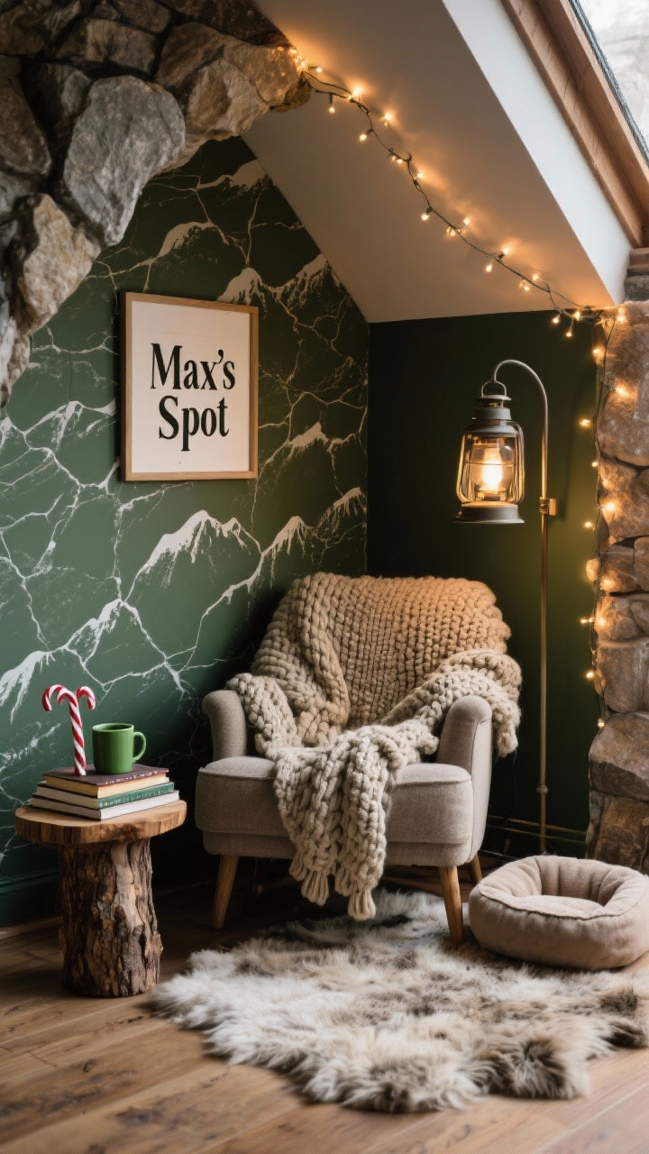 Cozy reading nook closeup, angled detail shot: moody pine green alcove with a floor-to-ceiling stone-look peel-and-stick wall evoking a mountain cave; slouchy oversized chair layered with chunky knits; faux sheepskin rug underfoot; small log side table with stacked books, a green mug, and candy cane stirrers; warm fairy lights strung around the arch; lantern-style floor lamp glowing softly; framed “Max’s Spot” above a cushy dog bed; tactile textures emphasized; photorealistic, warm and inviting