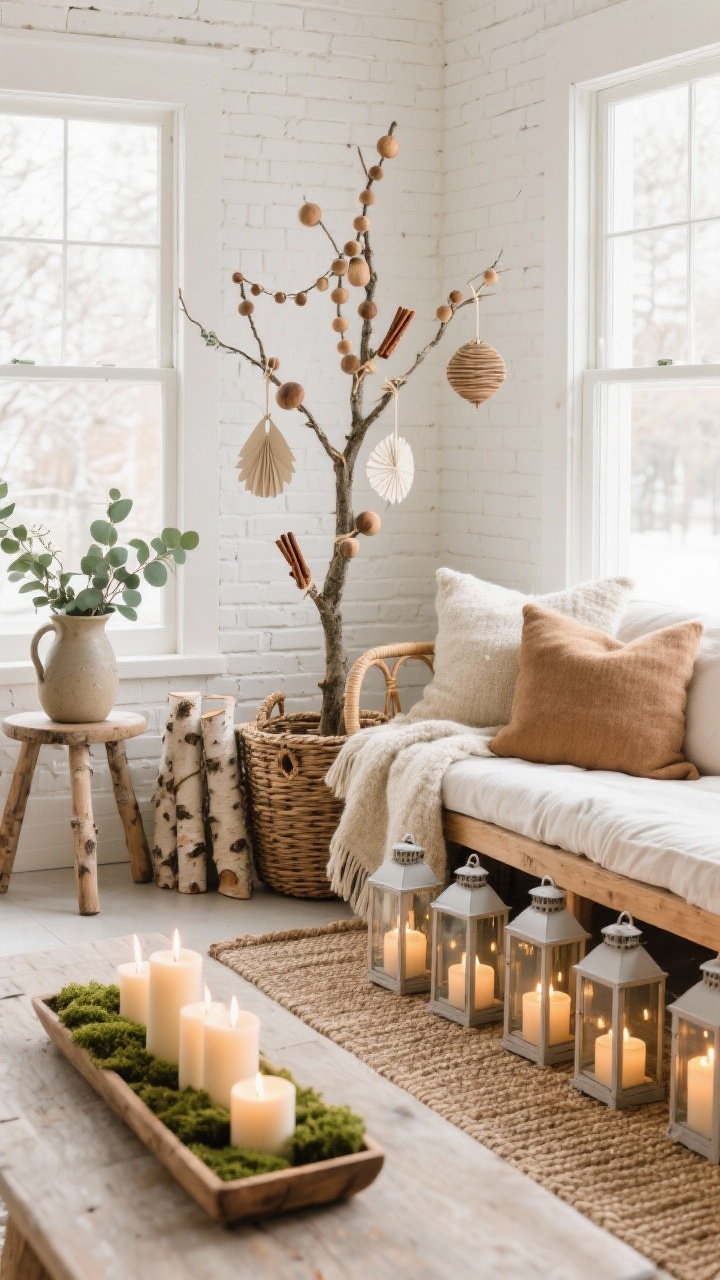 Daytime wide sunroom with soft natural light: Scandinavian Farmhouse Sunroom with white-painted brick, a natural wood daybed layered in wool throw pillows in warm neutrals. Simple tree with wood bead garlands, paper ornaments, and cinnamon sticks tied with twine. Woven baskets with birch logs, a ceramic pitcher of eucalyptus on a side stool. Woven runner on the floor under a row of lanterns with flickering LED candles. Palette warm white, oat, soft brown, sage; textures linen, wool, rattan, paper. Advent candles set in a shallow wooden tray with moss on the coffee table.