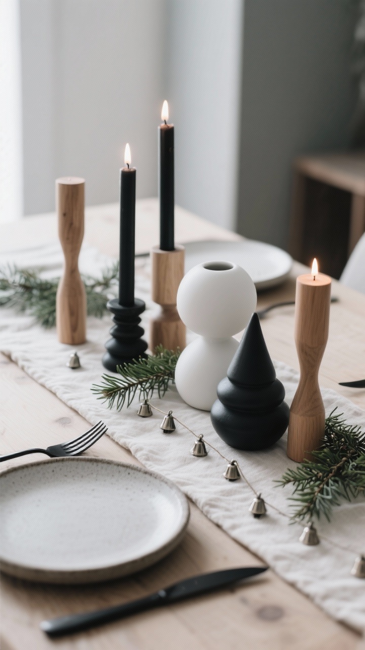 Detail closeup: A Nordic minimal arrangement on a pale wood table with a natural linen runner; clustered Scandi-style candlesticks in ash wood, matte black, and white ceramic at varied heights, with shapes including cylinders, cones, and simple spheres; fresh juniper sprigs tucked along the runner and a slender strand of tiny metal bells; stoneware plate edge and black flatware softly out of focus; low, intentional candle-led glow; palette limited to black, white, wood, and a touch of green; photorealistic, shallow depth of field, straight-on macro perspective.