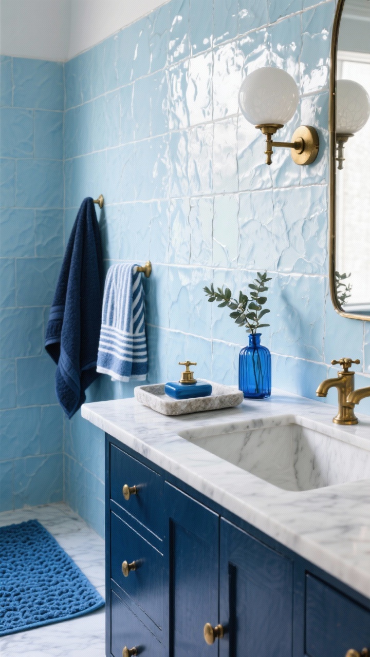 Detail closeup, Blue-On-Blue Bathroom Spa: Pale blue zellige tiles with handcrafted texture glisten in soft light near a deep navy vanity topped with white marble. Brushed brass faucets and a pair of globe sconces reflect warmly. Thick navy towels, a sky-blue waffle bath mat edge, and a striped Turkish towel hang casually. On a stone tray: blue glass soap dispenser, small eucalyptus bundle. Palette of pale blue, navy, white marble, brushed brass; spa-like calm; photorealistic.