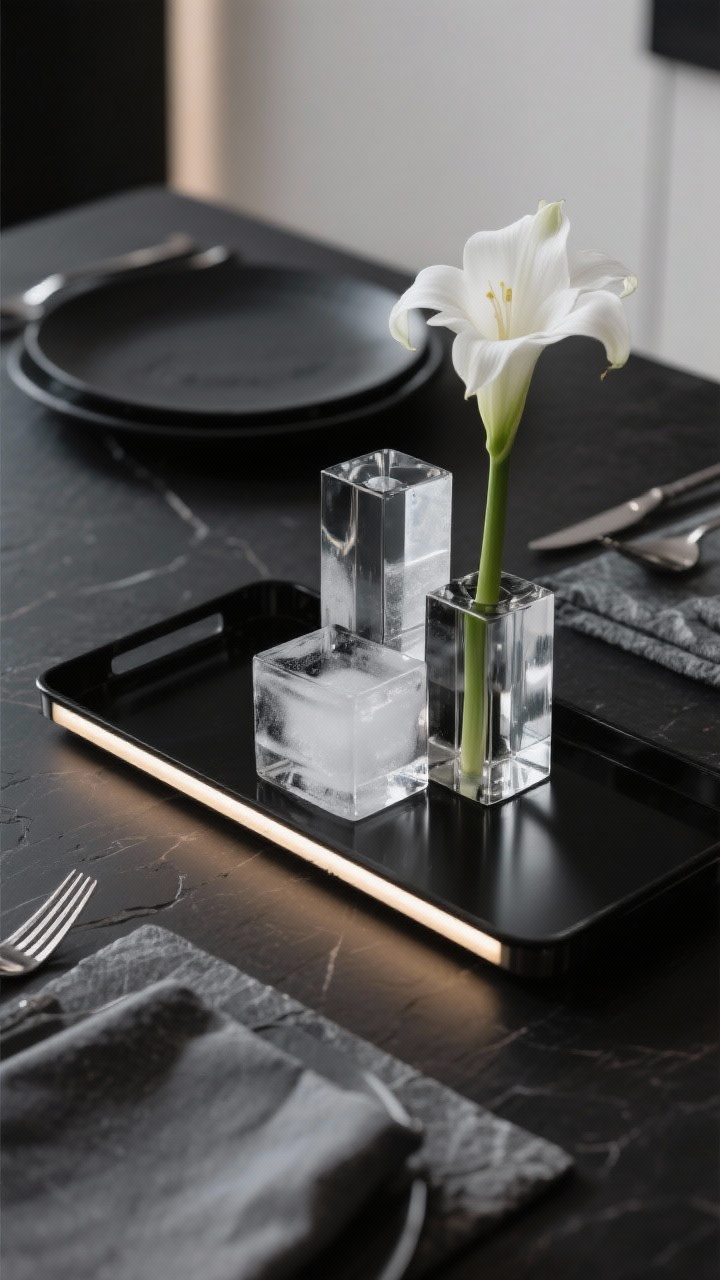 Detail closeup: Modern ice + shadow composition on a matte black tray featuring clear acrylic blocks and smoked glass cylinders each holding a single-stem white amaryllis; a linear LED light bar beneath casting a gentle underglow and sharp-edged shadows; nearby black stone plates, stainless flatware, and slate linen napkins softly blurred; palette of black, white, smoked gray; strong contrast between matte and reflective surfaces; geometric, stacked forms; photorealistic, low-angle close shot.