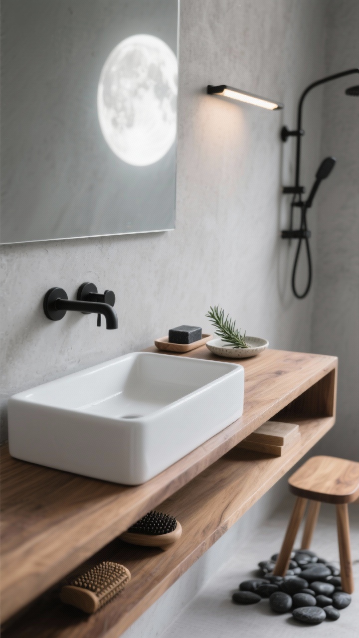 Detail closeup: Moonlit Minimalist Zen countertop vignette on a floating oak vanity with a long matte-white trough sink and matte black hardware. Soft gray microcement wall forms a serene backdrop. A linear wall sconce casts a gentle wash of light. On the counter: a small ceramic tray with a bar of charcoal soap and a single sprig of rosemary. Palette of dove gray, warm oak, matte black, and fresh white. Include edge of teak shower stool and black pebble foot massager softly out of focus; mood is quiet and restrained, photorealistic.