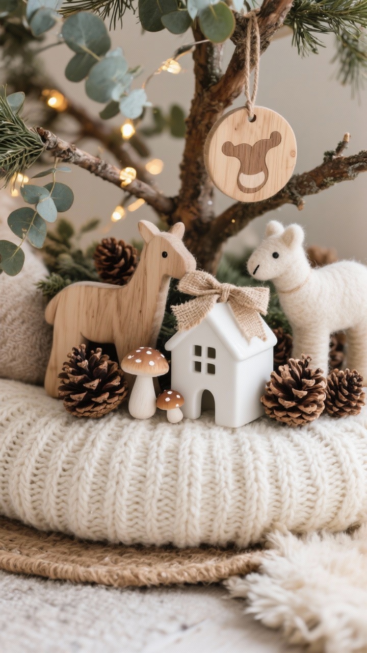 Detail closeup, Nordic Hygge With Woodland Whimsy: tight shot on natural textures—wooden ornaments, felted animal figures, white ceramic house ornaments, burlap ribbon, tiny mushrooms, and clusters of pinecones nestled among softly lit branches with warm gentle lights. Sprigs of fresh eucalyptus peeking through. A glimpse of a cable-knit cream or woven jute tree skirt below and a hint of sheepskin rug. Neutral, cozy palette with soft, diffuse lighting. Photorealistic emphasis on fibers and wood grain.