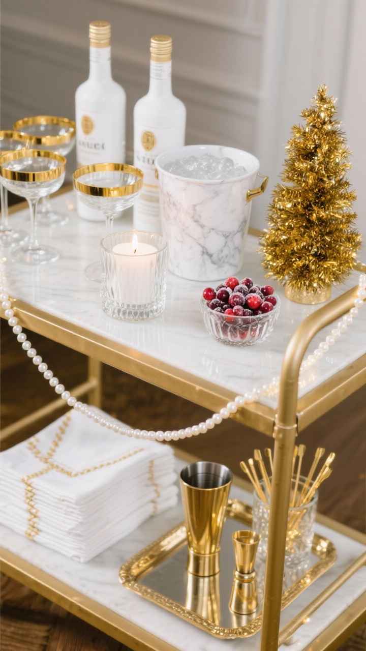 Detail closeup of a brushed gold bar cart, party-ready: top shelf styled with white-label spirits, gold-rim coupe glasses, and a white marble ice bucket; a mini gold tinsel tree and a small bowl of sugared cranberries for color; pearl-bead garland draped along the handle; a white LED candle in a mercury glass holder; bottom shelf stacked with white napkins with gold stitching, a brass cocktail shaker, and a tray of gilded cocktail picks; palette of white, metallic gold, and clear glass; evening sparkle; photorealistic, no people.