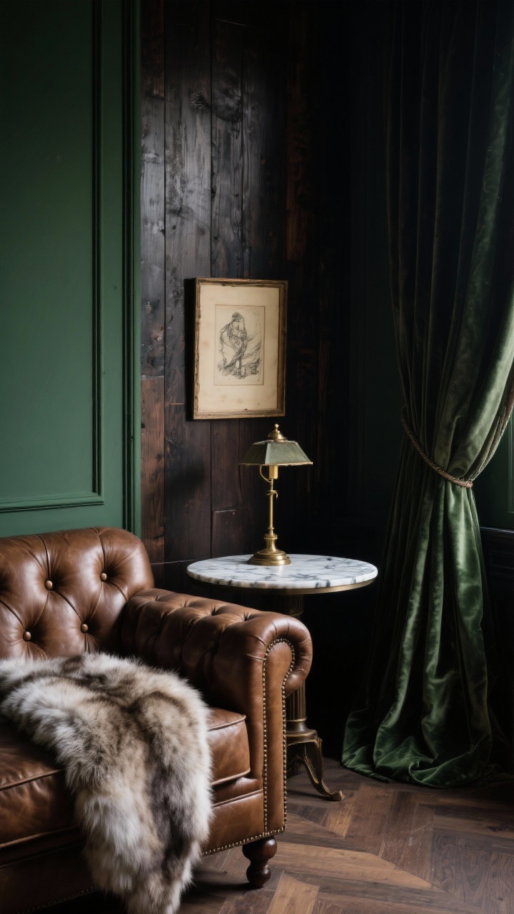 Detail-closeup of dark academia corner: deep ink/moss green wall backdrop, tobacco leather tufted Chesterfield arm with visible button tufting, marble-topped side table holding a classic banker’s lamp in aged brass, antique framed sketches leaning against dark-stained wood panel, velvet curtains pooling on the floor, a faux fur throw adding winter drama, moody low lighting, patina textures, photorealistic.