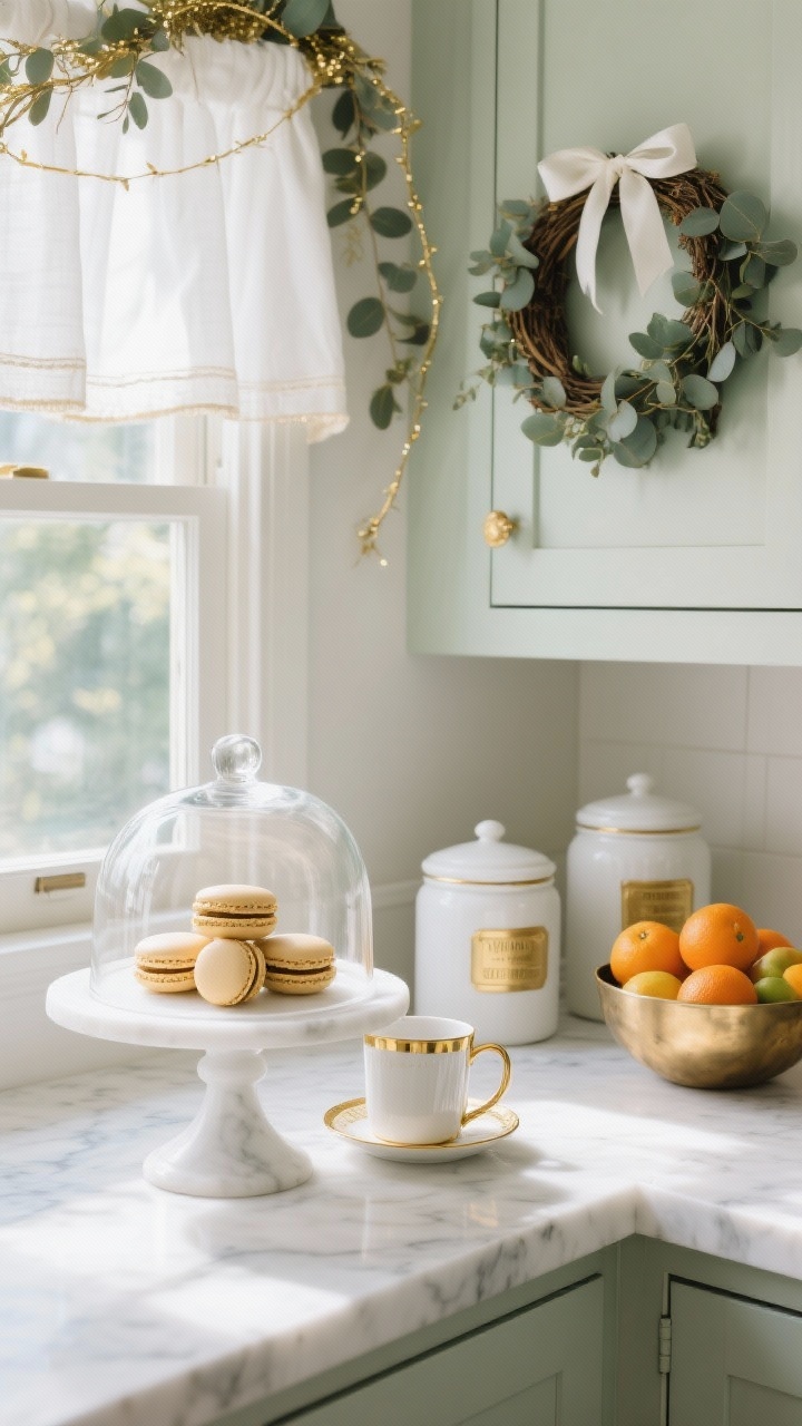 Detail closeup of kitchen nook vignette, natural morning light: white marble cake stand under a glass cloche showcasing gold-dusted macarons; nearby, a gold-rimmed mug set ready for cocoa; white canisters with gold labels, a brushed brass fruit bowl brimming with clementines; in the background, a window with a white linen café curtain, thin gold garland layered over fresh eucalyptus; a small wreath tied to a cabinet door with white satin ribbon; bright white, soft sage, and sunlit gold palette; photorealistic, no people.