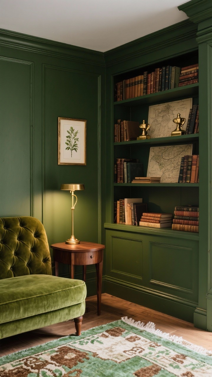 Detail closeup, side angle: An olive library nook vignette focusing on deep olive built-in shelves styled with stacked hardcovers, old maps, and brass bookends. Foreground includes the corner of a moss tufted velvet settee and a petite walnut side table with a brass task lamp. A faded Persian runner with greens and chestnut peeks at the bottom edge. A slim brass picture light highlights a small botanical print. Photorealistic, cozy lamplight with gentle fall-off and vintage patina details.