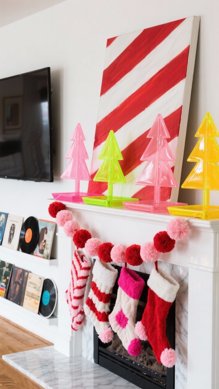 Detail closeup, straight-on vignette: A glossy white mantel with a bold peppermint stripe art panel leaning beside the TV for a graphic punch; chunky felt ball garland in red, pink, and bubblegum hues swagged across the mantel; acrylic trees in neon shades arranged with lacquer trays; color-blocked stockings with oversized pom-poms; the TV’s black edge acts as a crisp contrasting line; a curated row of holiday vinyl record covers displayed along the mantel; bright, even lighting, playful candy-shop mood with hits of cherry red, petal pink, white, and citrus.