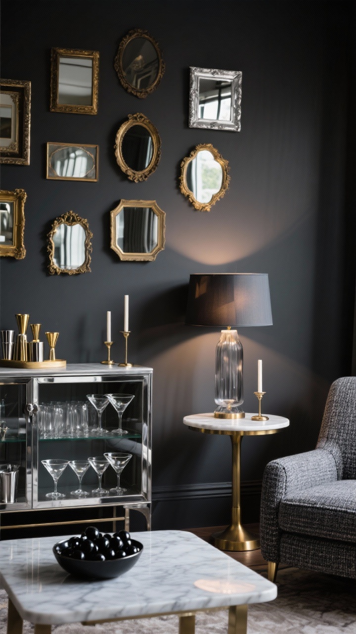 Detail/medium hybrid, angled: Mirrors and Martini modern den featuring a charcoal accent wall covered in a gallery of small vintage mirrors with mixed gold and silver frames; foreground includes a compact chrome-and-glass bar cabinet lined with silver martini shakers, gold jiggers, and a bowl of glossy black olives; nearby a marble side table with a brass base hosts mixed-metal candlesticks; low, moody lighting from a smoked-glass table lamp; graphite tweed boxy armchairs partially in frame; textures of tweed, marble, chrome, glass.