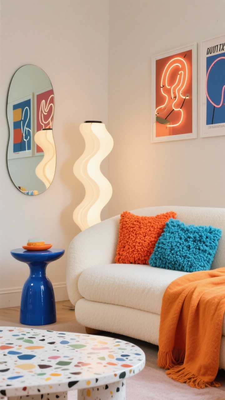 Detail/medium shot focusing on color-pop curves: neutral base with a curved cream sofa, glossy cobalt side table, terrazzo coffee table with multicolored chips. Accents in poppy citrus and ultramarine repeated throughout—color-blocked throw, boucle cushions in unexpected hues. Wavy mirror reflecting light, sculptural floor lamp. Graphic posters and neon line art on a neutral wall. Bright, playful lighting.