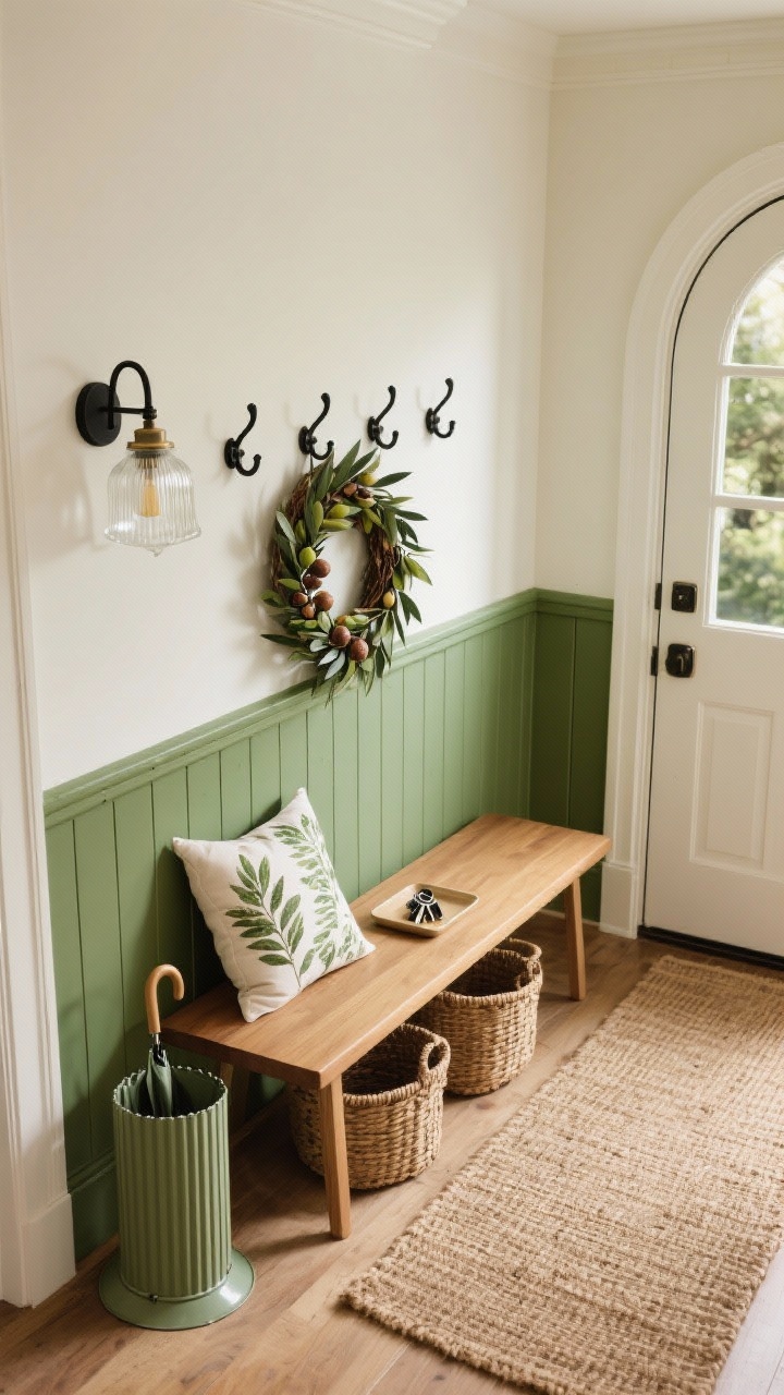 Detail overhead/oblique view from entry: A natural-green entryway with beadboard painted muted laurel green up to chair-rail height, warm white above. A slim oak bench sits beneath black metal hooks holding a botanical-print cushion and a seasonal wreath of olive leaves and seed pods nearby. A jute runner stretches along the floor; woven baskets tuck under the bench with a tray for keys on top and an olive enamel umbrella stand beside. A ribbed glass sconce and a large arched mirror reflect warm, welcoming light. Photorealistic, soft afternoon glow.