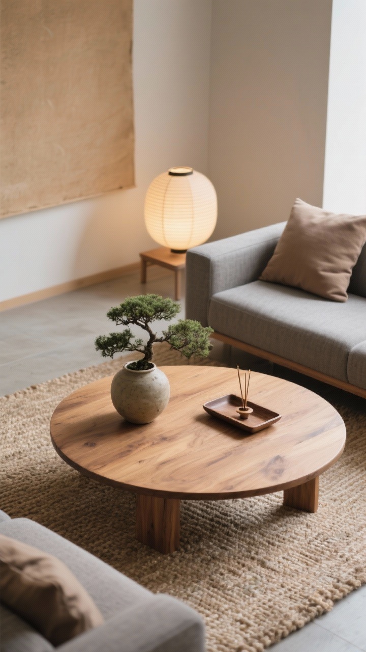 Detail overhead shot, photorealistic: Japandi calm vignette of a round ash wood coffee table with a ceramic ikebana vase, a shallow tray with incense beside a small bonsai; edges of a mid-grey, clean-lined sectional visible with taupe pillows; beige handwoven rug texture filling the frame; paper lantern lighting glow reflected softly; a single large warm-neutral canvas blurred in the background; textures of nubby textiles, ceramic, paper, and matte finishes; serene, minimal atmosphere.
