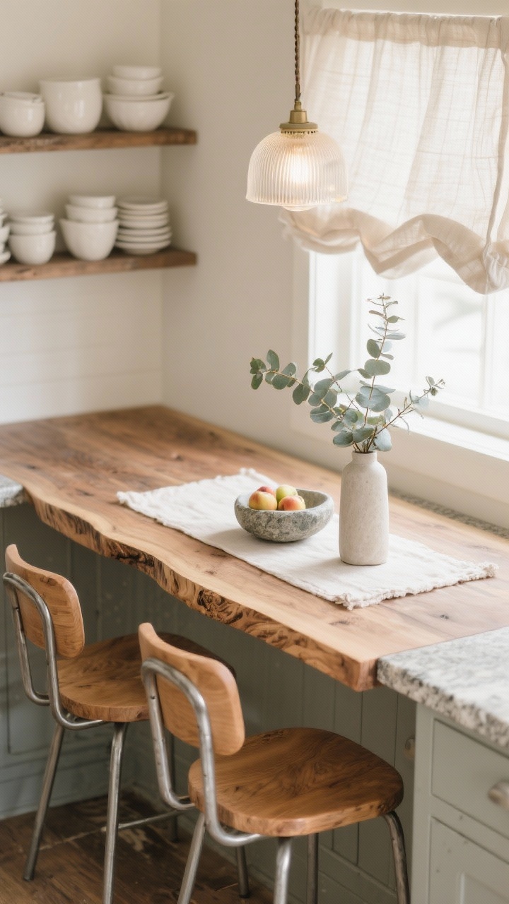 Detail overhead — Winter Pantry Kitchen Nook: Overhead photorealistic scene of a slab-front oak breakfast bar with stone counters, a linen runner, a single stone fruit bowl, and a sprig of eucalyptus in a narrow-neck vase. Include the edge of two curved-back natural wood stools tucked in, brushed nickel details, and a stack of matte white ceramics on a single open shelf blurred in background. Soft light filtered through a linen café curtain; small opal glass pendant glow; palette of warm oak, cream, brushed nickel.