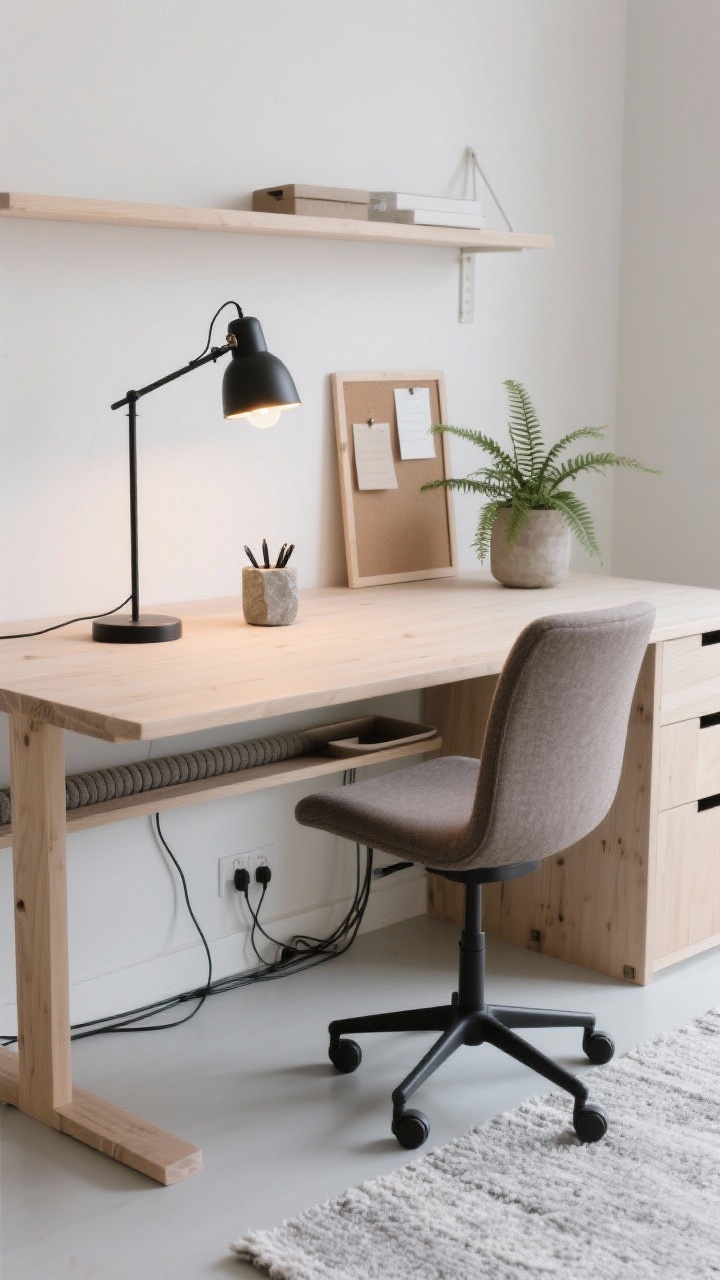 Detail shot — Minimal Winter Workspace: Closeup of a beech/birch desk with clean lines and a low-profile warm gray fabric task chair. Floating shelf above holding just essentials; matte black task lamp with warm-toned LED bulb casting focused light. Stone pen cup, small linen pinboard with a few neutral notes, and a single potted fern for softness. Fabric cord covers and under-desk tray for cable control peeking subtly; low-pile wool runner under edge of desk; palette of birch, gray, black, soft white.