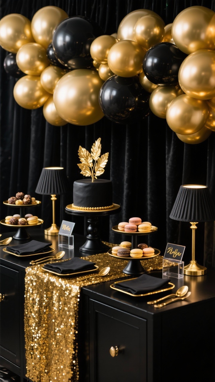 Detail shot, straight-on buffet: Black-and-gold dessert salon featuring a black sideboard draped in a gold sequin runner; tiered black cake stands and gold serving trays holding macarons, truffles, and a glossy black cake with gold leaf centerpiece; backdrop of black drapery and a clustered arrangement of metallic balloons in varying sizes; gold teaspoons, black napkins with gold edges, and clear acrylic labels with gold script; small black lamps with pleated shades casting a flattering warm glow; obsidian and metallic gold palette.
