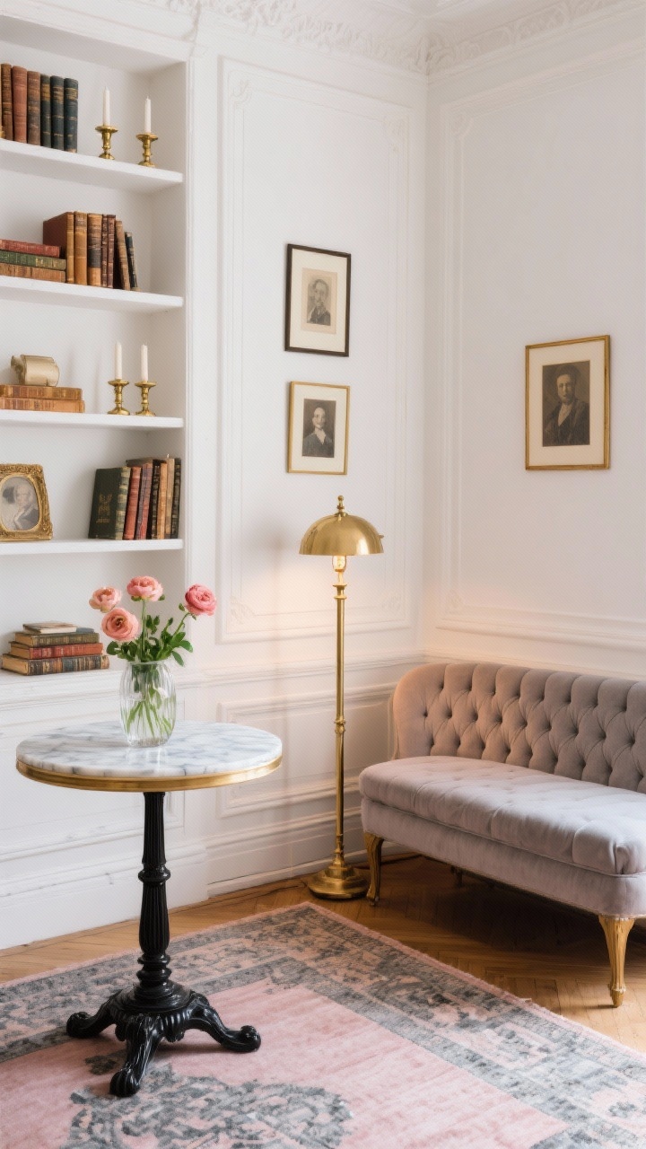 Detail vignette shot: Parisian Salon shelves and seating corner. Warm white walls with subtle picture frame molding; a tufted chaise in view beside a marble bistro table. Built-in shelves styled with antique books, brass candlesticks, and small portraits. A footed glass vase holding fresh ranunculus on the bistro table. Vintage rug in faded blush and slate underfoot, black-and-brass floor lamp providing soft illumination. Palette of warm white, blush, slate, antique brass. Photorealistic, elegant, conversational.