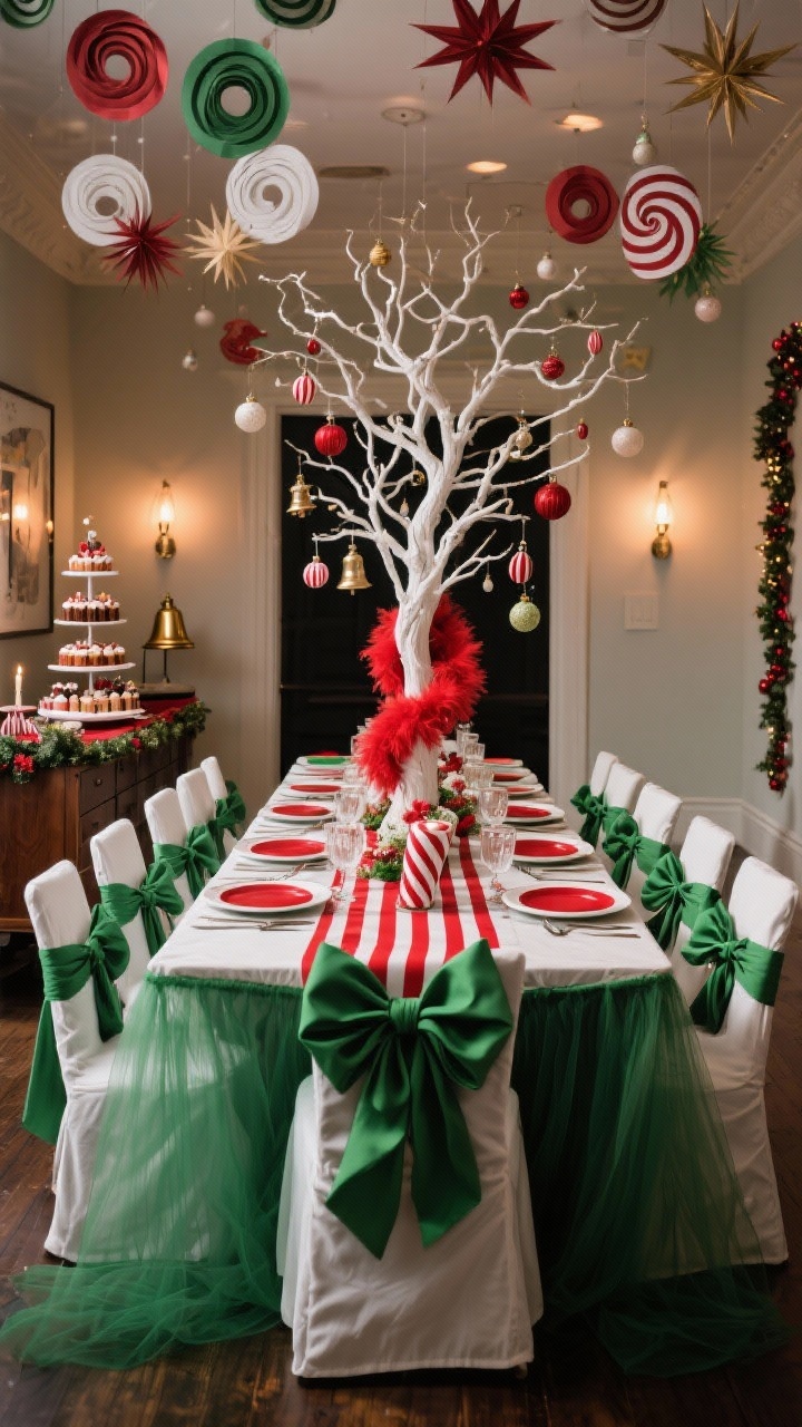 Dramatic dining room wide shot, straight-on tablescape focus: long table with a red-and-white striped runner layered under a green tulle topper draping to the floor; place settings of white chargers, red dinner plates, and lime napkins tied with candy-cane ribbon; tall curlicue centerpiece of white-sprayed twisted branches with dangling ornaments and a red feather boa woven through; dining chairs in white slipcovers tied with giant green bows; ceiling installation of hanging paper swirls and starbursts; sideboard styled with tiered treats, a hot cocoa station, and bell garlands; warm ambient lighting for theatrical flair; photorealistic