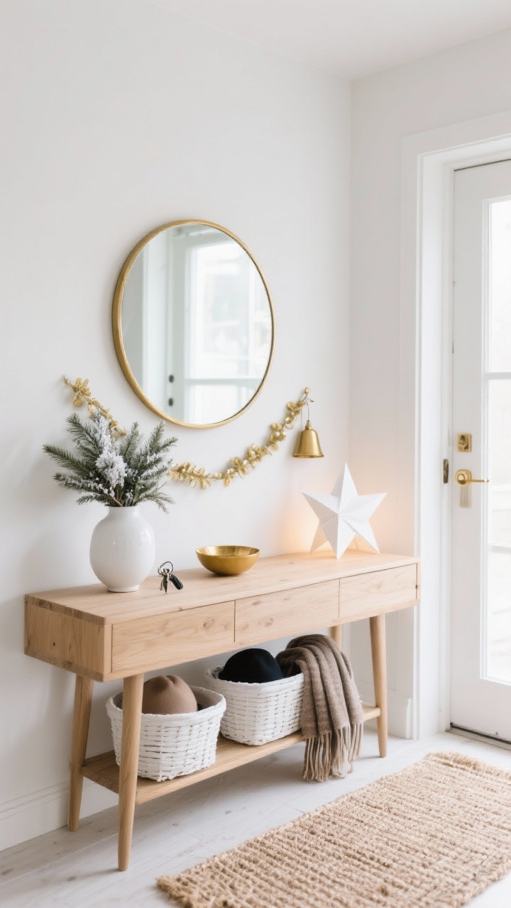 Entryway medium shot from corner angle: light oak console beneath a round brass-framed mirror; styled with a white ceramic vase filled with winter greens and a small gold bowl for keys; woven jute runner on the floor; a softly glowing white paper star lantern near the console; a delicate gold bell garland draped across the mirror; white baskets tucked under the console for hats and scarves; palette of white, natural wood, and soft gold; minimal Scandinavian mood, soft natural daylight; photorealistic, no people.