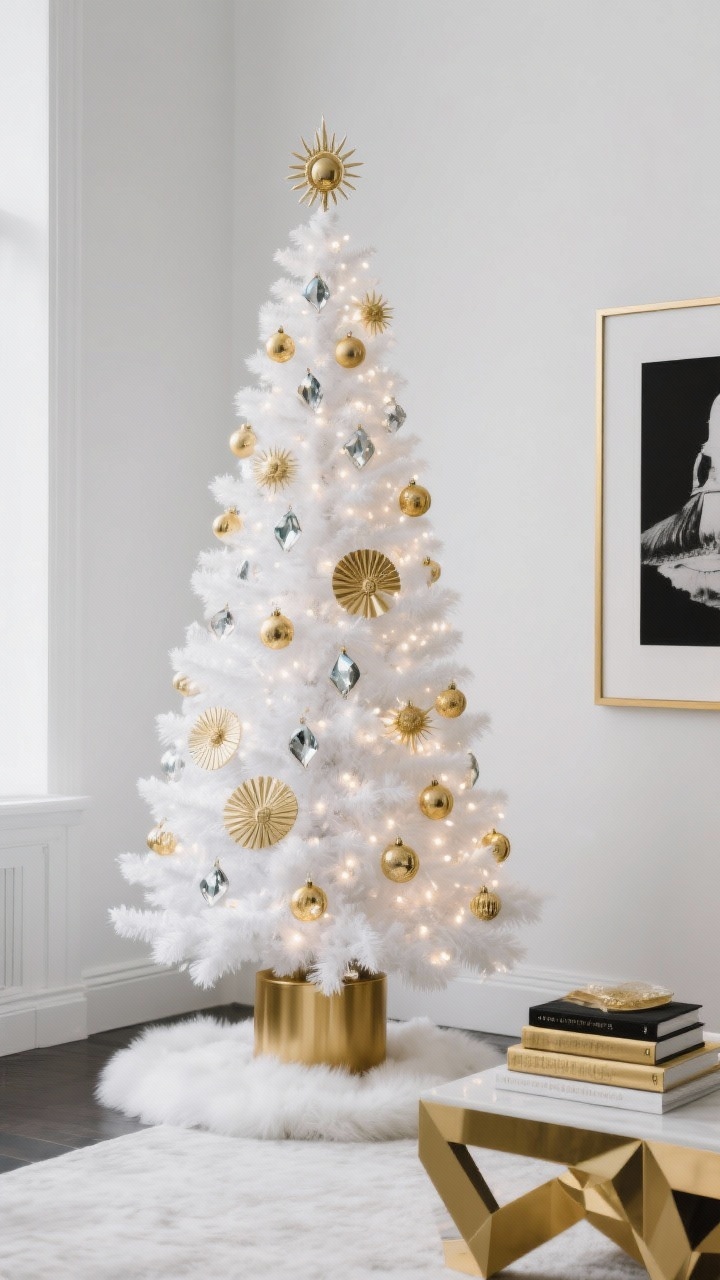 Focused medium shot of an all-white Christmas tree, crisp lighting: a slim white artificial tree in a gold pedestal stand, decorated exclusively with gold ornaments—faceted gems, sunbursts, and fan-shaped Art Deco designs; warm-white micro LED lights; white faux-fur tree skirt at the base; nearby, a framed black-and-white print with a thin gold frame and a stack of gold-edged coffee table books echoing geometric shapes; palette of snow white, metallic gold, and subtle black accents; photorealistic, no people.