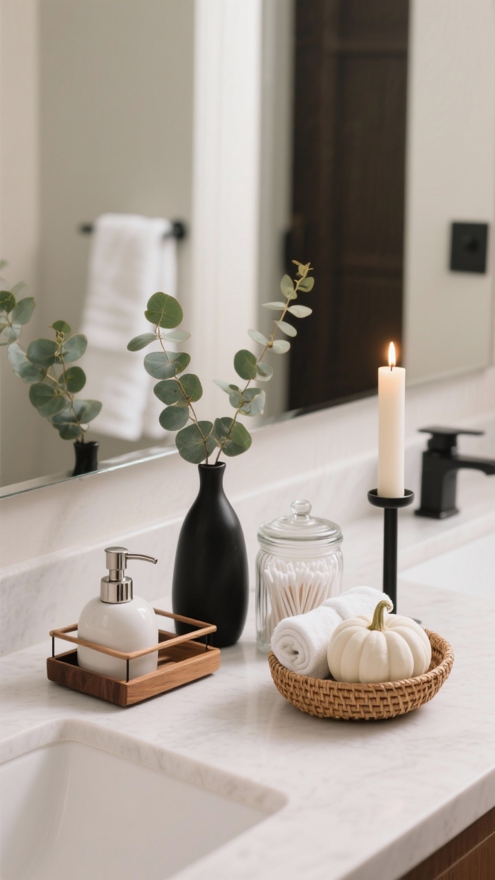 Guest bathroom medium shot, vanity angle: spa-like with crisp white towels and a wood bath caddy visible. Counter grouping: ceramic soap pump, bud vase with eucalyptus, lidded glass jar of cotton swabs. Woven basket with rolled hand towels tucked with one mini white pumpkin. A slender taper candle in a black holder adds hotel mood lighting. Colors: white, black, eucalyptus green, wood. Clean, soft illumination with subtle candle glow, photorealistic.