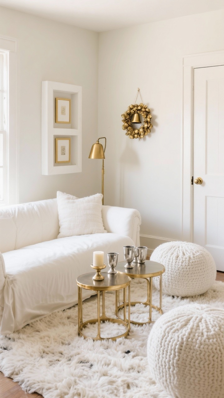 Intimate den corner medium shot, soft ambient light: white slipcovered loveseat on a shaggy ivory rug; gold-framed nesting tables with a small vase and candle; mixed-metal accents including a brass floor lamp, matte gold picture frames, and a few antique silver candle cups for depth; on the wall, a modern white shadowbox wreath; a gold bell cluster hanging from the doorknob; white knit poufs for extra seating; palette of ivory, champagne, and antique silver; cozy, layered textures; photorealistic, no people.
