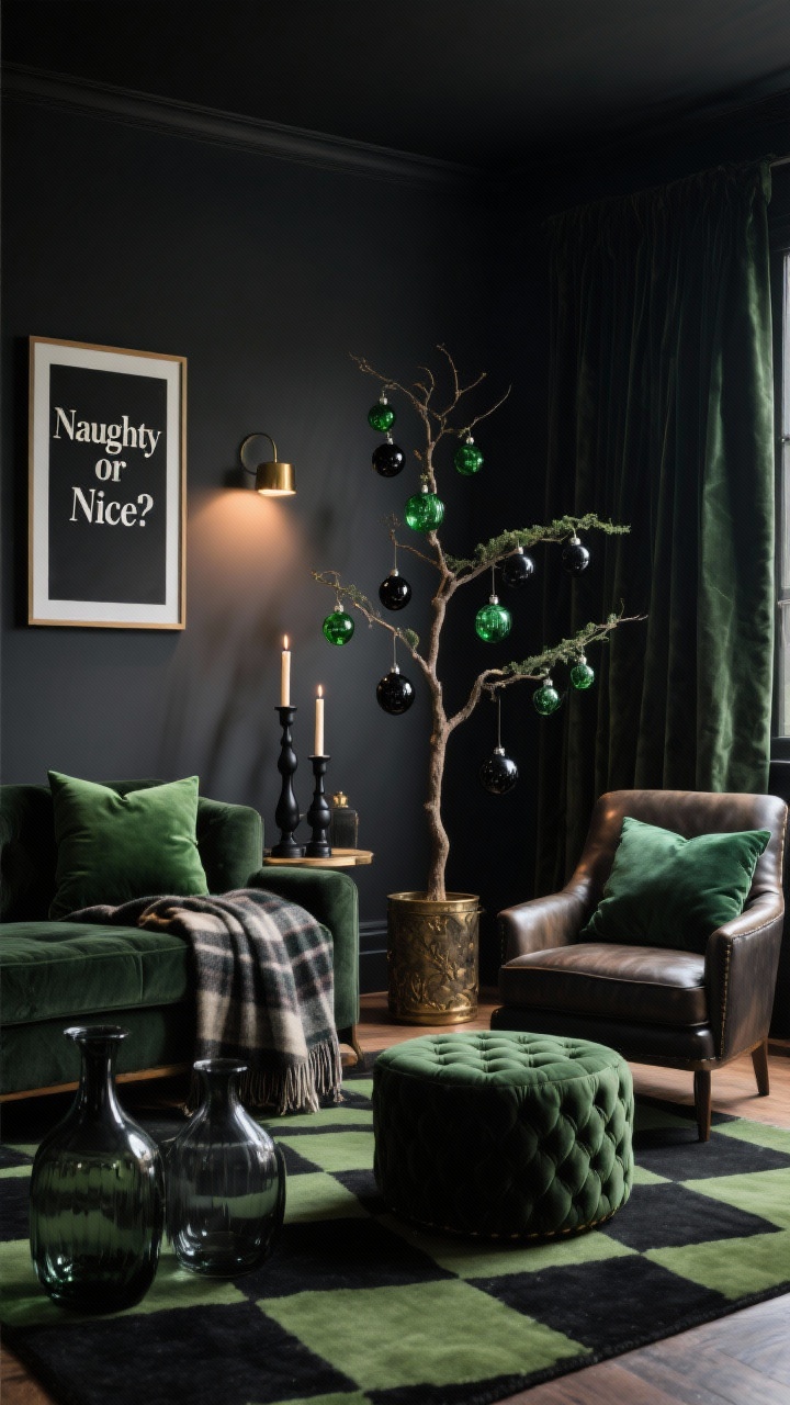 Intimate medium shot of a moody den with dramatic ambiance: charcoal walls, lime velvet textiles (pillows and throw), black matte candleholders, and antique brass accents. A sparse, modern tree decorated with green glass ornaments and smoked black baubles. Include a tufted ottoman and leather club chair, with a low-glow picture light illuminating a framed “Naughty or Nice?” print. Velvet curtains, a wool plaid throw, smoked glass vases, and a black-and-lime checkered rug anchoring the space. Low, warm lighting with deep shadows.