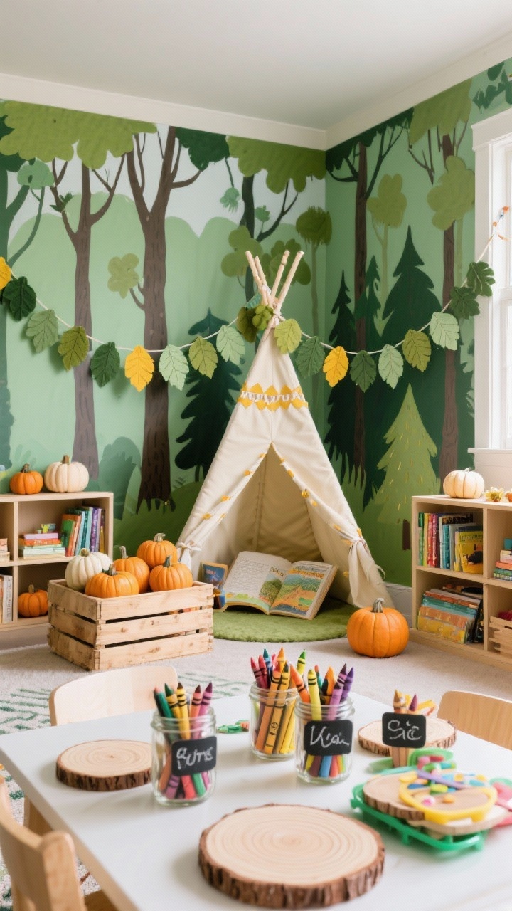 Kids’ playroom medium shot, eye-level: woodland whimsy with a forest mural decal or green accent wall and a teepee reading corner. Felt leaf garland strung across bookshelves, soft fabric pumpkins gathered in a wooden crate. Craft table centerpiece: stacked plastic wood-slice chargers under jars of crayons labeled with tiny chalk tags. Colors: moss, mustard, cream, walnut. Cheerful, even daylight, photorealistic.