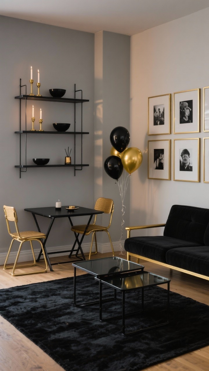 Medium apartment vignette: Glam studio zone with a black area rug defining the lounge, a compact gold-legged loveseat, and a nesting table set in black metal with smoked glass tops; a gallery wall of black-and-white prints in thin gold frames; a slim floor-to-ceiling shelving unit styled with gold candlesticks, black bowls, and a mini diffuser; a fold-down matte black cafe table with two gold bistro chairs set for two; a tiny black-and-gold balloon bouquet; palette of matte black, brushed gold, and smoked gray; soft evening lighting.