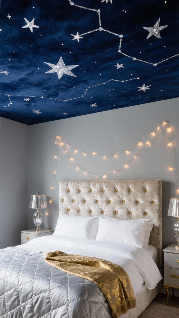 Medium bedroom shot, low angle to show ceiling: Celestial starlit retreat with a deep inky blue ceiling dotted with hand-painted silver stars, soft gray walls, and an oyster velvet tufted headboard with brass nailheads; bedding includes white sateen sheets, a silver quilt, and a gold-thread throw folded at the end; mercury glass lamps on nightstands; delicate string lights draped like constellations over the headboard; serene, dreamy evening lighting; textures of velvet, sateen, mercury glass.