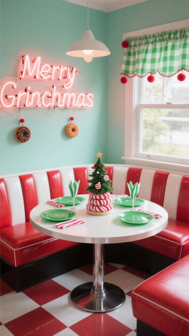 Medium breakfast nook, slightly overhead three-quarter view: peppermint stripe-painted banquette with round cherry red vinyl seat cushions for a retro diner vibe; glossy white tulip table set with green glass plates, striped napkins, and a centerpiece of stacked peppermint candies; neon “Merry Grinchmas” sign glowing on the wall; café curtains in lime gingham with pom-pom trim at the window; red-and-white checkered mat under the table; mini tabletop tree with felt donut ornaments; bright, cheerful morning light; photorealistic