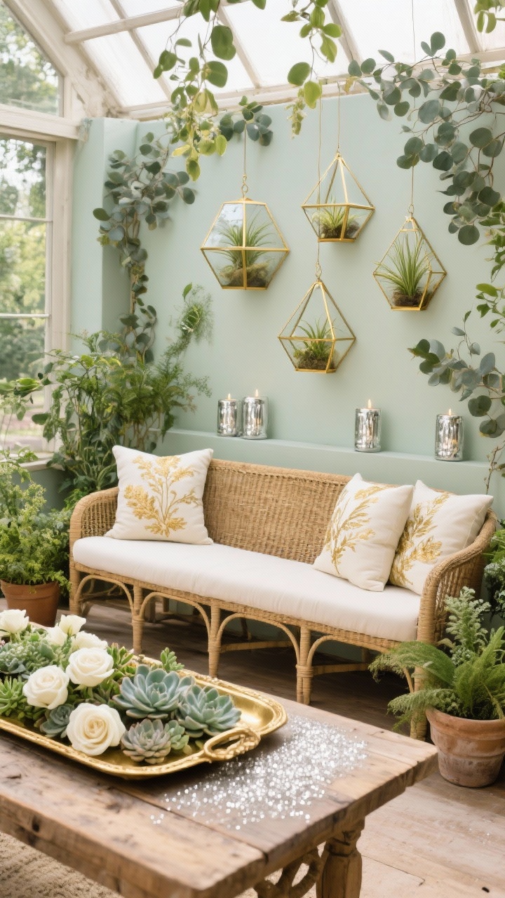 Medium conservatory scene: Gilded Garden with sage or pale eucalyptus walls and abundant greenery; a rattan settee with cream cushions topped by gold embroidered botanical pillows; hanging gold geometric terrariums with air plants; silver mercury glass votives nestled among potted herbs; on a rustic wood table, a long antique gold tray with clusters of succulents, white roses, and a sprinkle of silver glitter; soft natural daylight; textures of rattan, mercury glass, linen.