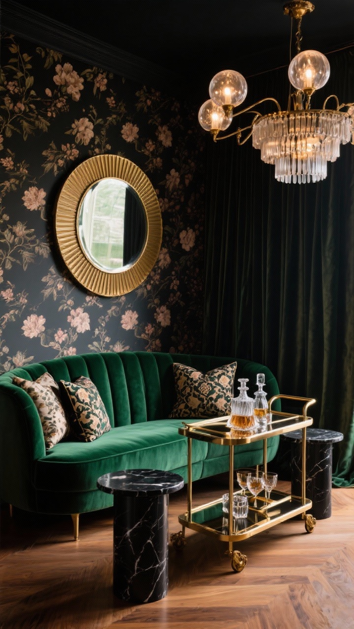 Medium corner shot: Art-Deco Velvet Lounge featuring a curved emerald velvet sofa, black marble side tables, and a geometric brass bar cart with mirror-polish metal. One wall in dark floral wallpaper; velvet drapes pooling on the floor. A round mirror with fluted edges above the sofa, patterned cushions, and a crystal decanter set ready for a midnight toast. Antique brass accents, warm walnut tones. Statement chandelier with frosted globes casting moody, glamorous light. Photorealistic, cozy and dramatic.