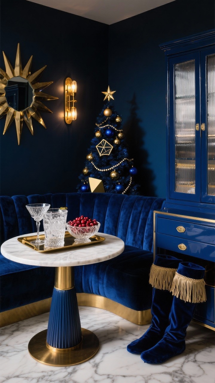 Medium corner shot, dim cocktail glow: Art Deco Cocktail Den featuring a curved midnight-blue velvet loveseat, round marble pedestal table, and a lacquered bar cabinet with fluted glass. Starburst mirror above, brass sconces adding warm light. Petite Christmas tree with navy and gold ornaments, geometric shapes, and beaded garlands. On a brass tray: coupe glasses, cut-crystal ice bucket, bowl of sugared cranberries. Palette midnight blue, gold, ivory; textures velvet, lacquer, marble, glass. Fringe-trim velvet stockings on a slim console.