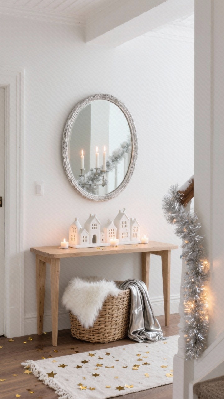 Medium entryway vignette, straight-on: Nordic Snowfall entry with warm white walls, a light oak console, and a round silver frame mirror catching candlelight; on the console sits a white ceramic village dotted with mini warm-white tea lights, scattered gold star confetti on a linen runner; below, a woven basket holds a white faux fur throw and rolled metallic scarves; a slim silver tinsel garland wraps the stair banister; soft, cozy ambient glow; textures of ceramic, wool, brushed metal, faux fur.