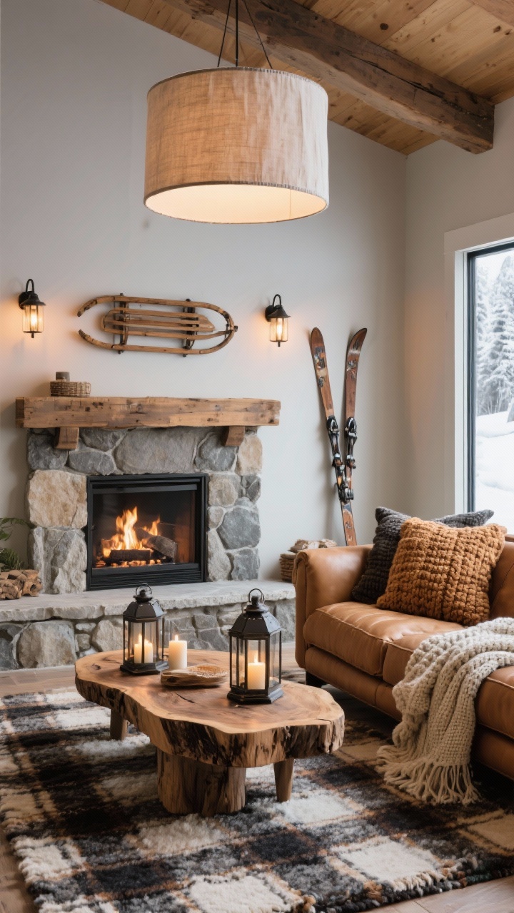 Medium, fireside angle: Modern Rustic room with a stone fireplace (or faux surround), camel leather sectional, and chunky knit throws piled high. Warm palette of caramel, charcoal, cream, and natural wood. Live-edge wood coffee table, iron lanterns with real candles, and a wool plaid rug. Vintage skis or a wooden sled mounted on the wall for winter charm. Iron sconces flank the fireplace with warm light, and a large linen drum shade overhead. Photorealistic, cozy après-ski vibe.