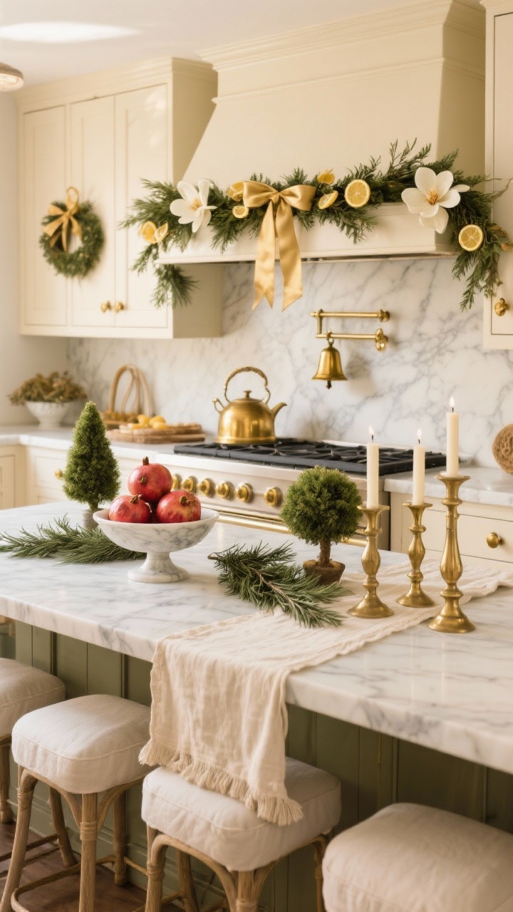 Medium kitchen island vignette, warm morning light: Old World Gold Kitchen Gathering Space with a magnolia-and-laurel garland draped along the range hood, tied with soft gold ribbons and accented with dried lemon slices. Linen slipcovered counter stools at the island. Island styled with a footed marble bowl of pomegranates, rosemary topiaries, and staggered brass candlesticks. Delicate gold bells hang from cabinet knobs; mini wreaths with velvet ties on chair backs. Palette cream, warm white, antique gold, olive; textures marble, linen, aged brass, fresh greenery. A linen table runner layered over the island like a feast table.
