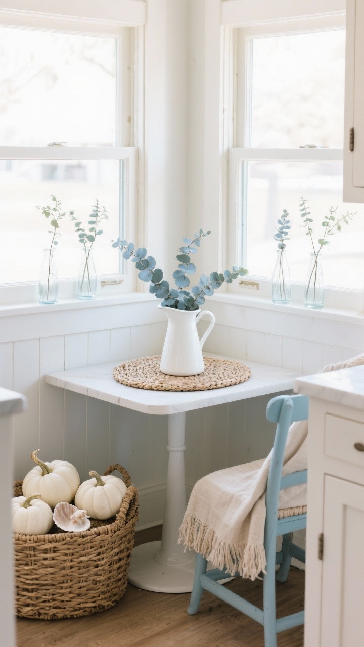 Medium kitchen nook, window-side angle: coastal harvest look with sand-toned textiles and soft blues. Small bistro table styled with a woven placemat as a charger, a white pitcher, and faux blue-gray eucalyptus stems. Windowsill lined with clear glass bud vases each holding a single airy stem. A woven basket filled with white pumpkins and seashells for a coastal nod. Colors: sand, cloud white, soft blue, seagrass. Bright, natural morning light, photorealistic.
