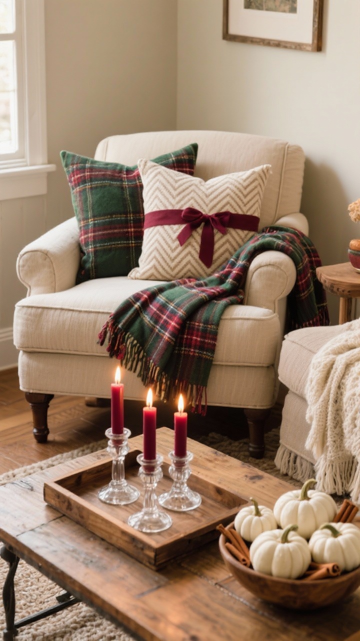 Medium living room scene, corner angle: cottage-core glow with layered plaids and soft textures. An armchair draped with Dollar Tree plaid scarves used as throws; herringbone pillow covers and solid pillows trimmed with ribbon. Coffee table centerpiece: a wood tray with a trio of clear glass taper candleholders holding deep burgundy tapers, next to a bowl of mini white faux pumpkins sprinkled with cinnamon sticks. Colors: cream, forest green, burgundy, warm wood. Candlelit ambiance with warm glow, photorealistic.