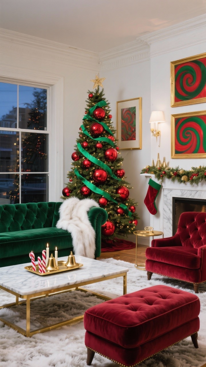 Medium living room shot from a corner angle: deep emerald velvet sofa paired with cranberry velvet armchairs and a tufted ottoman; faux fur throw in frosty white draped casually; tall skinny Christmas tree decorated with oversized red baubles, lime ribbons, and a crooked topper that leans; marble coffee table with gold trim holding a tray of peppermint candles; brass bell garland across the mantle and velvet stockings; wall art of abstract red and green swirls in gold frames; palette of emerald, cranberry, lime, gold, and winter white; soft evening lighting for a luxe, mischievous vibe; photorealistic
